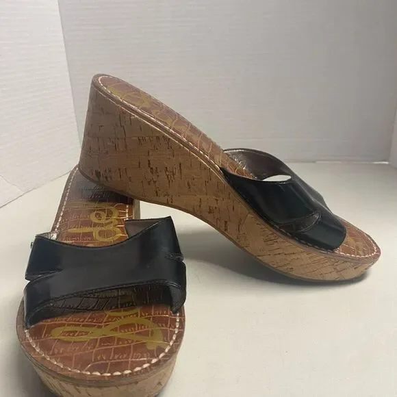 SAM EDELMAN Reid Cork Black Wedge‎ Sandals Size 9.5 M Slip On - Picture 10 of 11